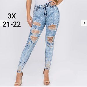 Distressed Skinny Jeans Blue Acid Wash Stretchy